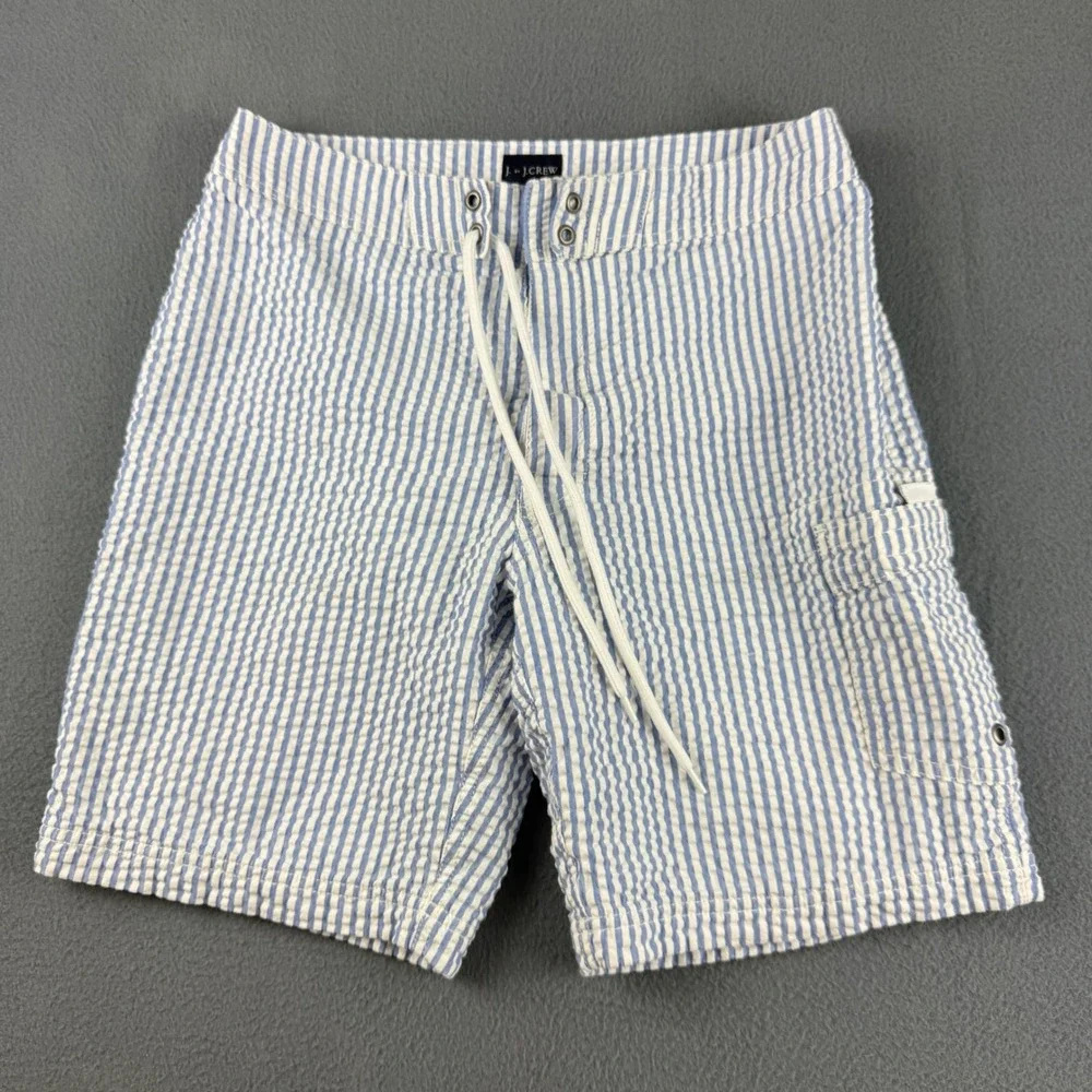 J. Crew Board Shorts Men's 29 Blue Seersucker Striped Swim Trunks Cargo Pocket
